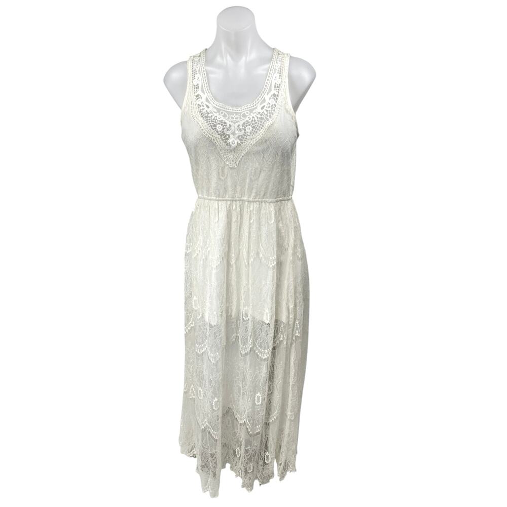 Forever 21 White Sleeveless Floral Lace Embroidered A Line Maxi Dress Size L